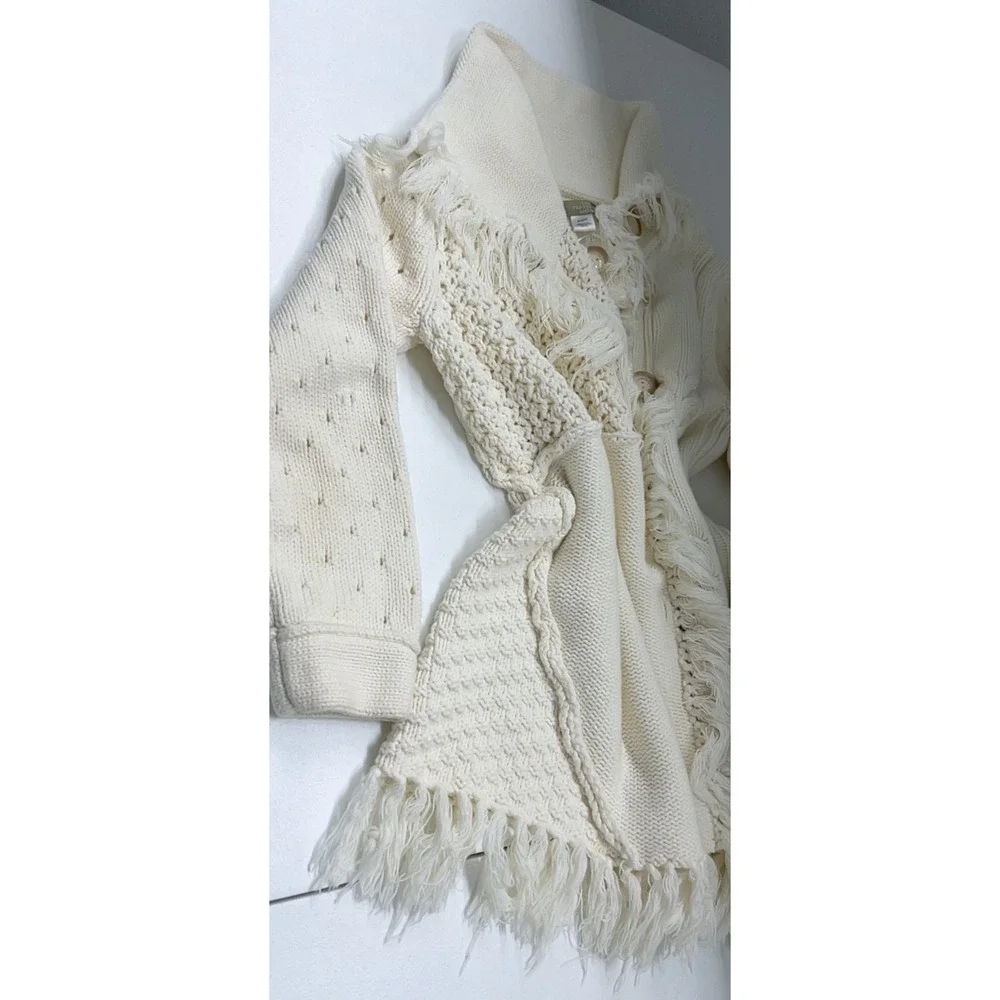 The Territory Ahead Fringe Cardigan Sweater Coat M Cream Boho Patchwork Cotton
